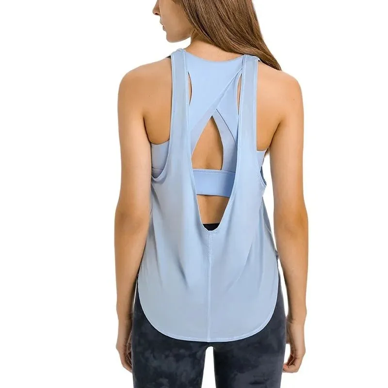 2 In 1 Open Bank Yoga Tank Tops Built In Bra Fitness Top Gym Wear Women Summer Ice Feel Shock Proof Workout Sports Shirts