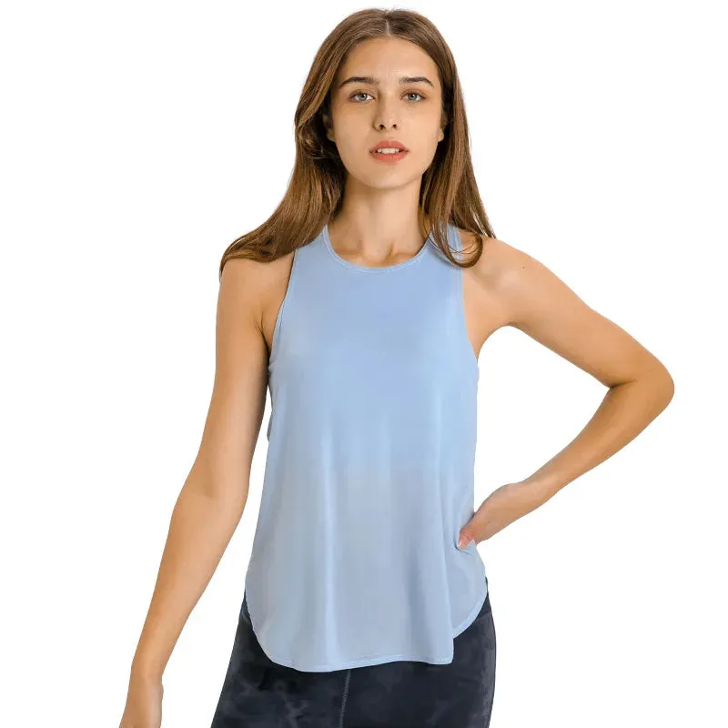 2 In 1 Open Bank Yoga Tank Tops Built In Bra Fitness Top Gym Wear Women Summer Ice Feel Shock Proof Workout Sports Shirts