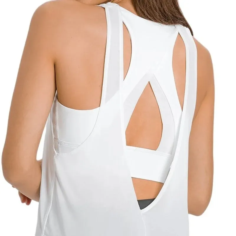 2 In 1 Open Bank Yoga Tank Tops Built In Bra Fitness Top Gym Wear Women Summer Ice Feel Shock Proof Workout Sports Shirts