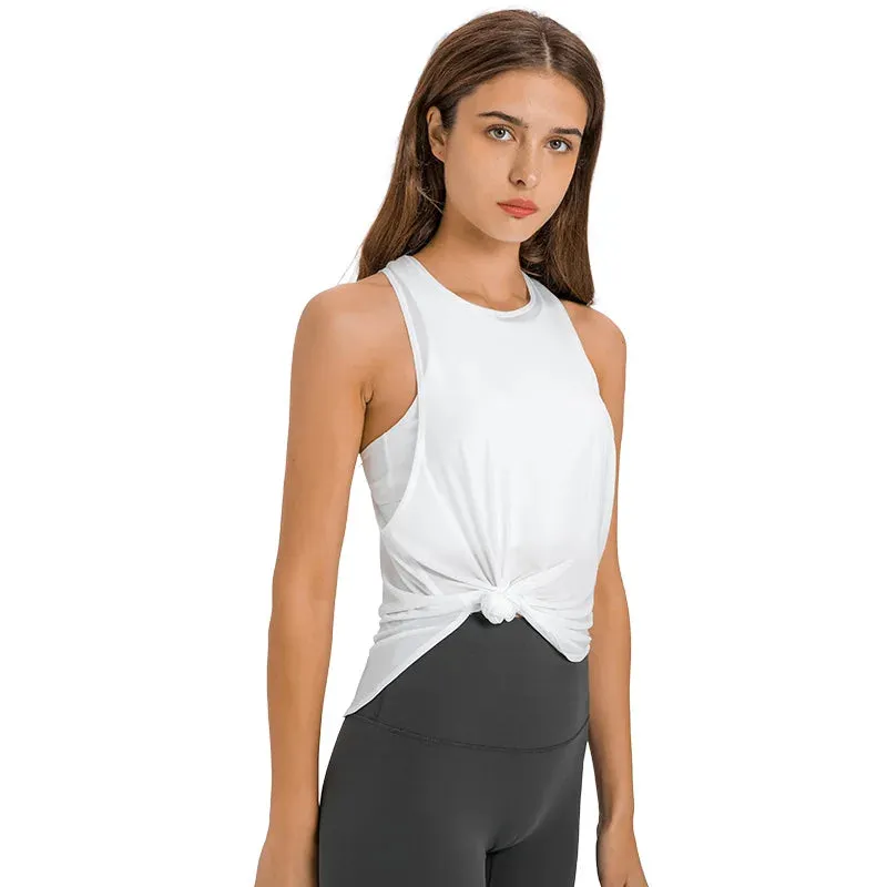 2 In 1 Open Bank Yoga Tank Tops Built In Bra Fitness Top Gym Wear Women Summer Ice Feel Shock Proof Workout Sports Shirts