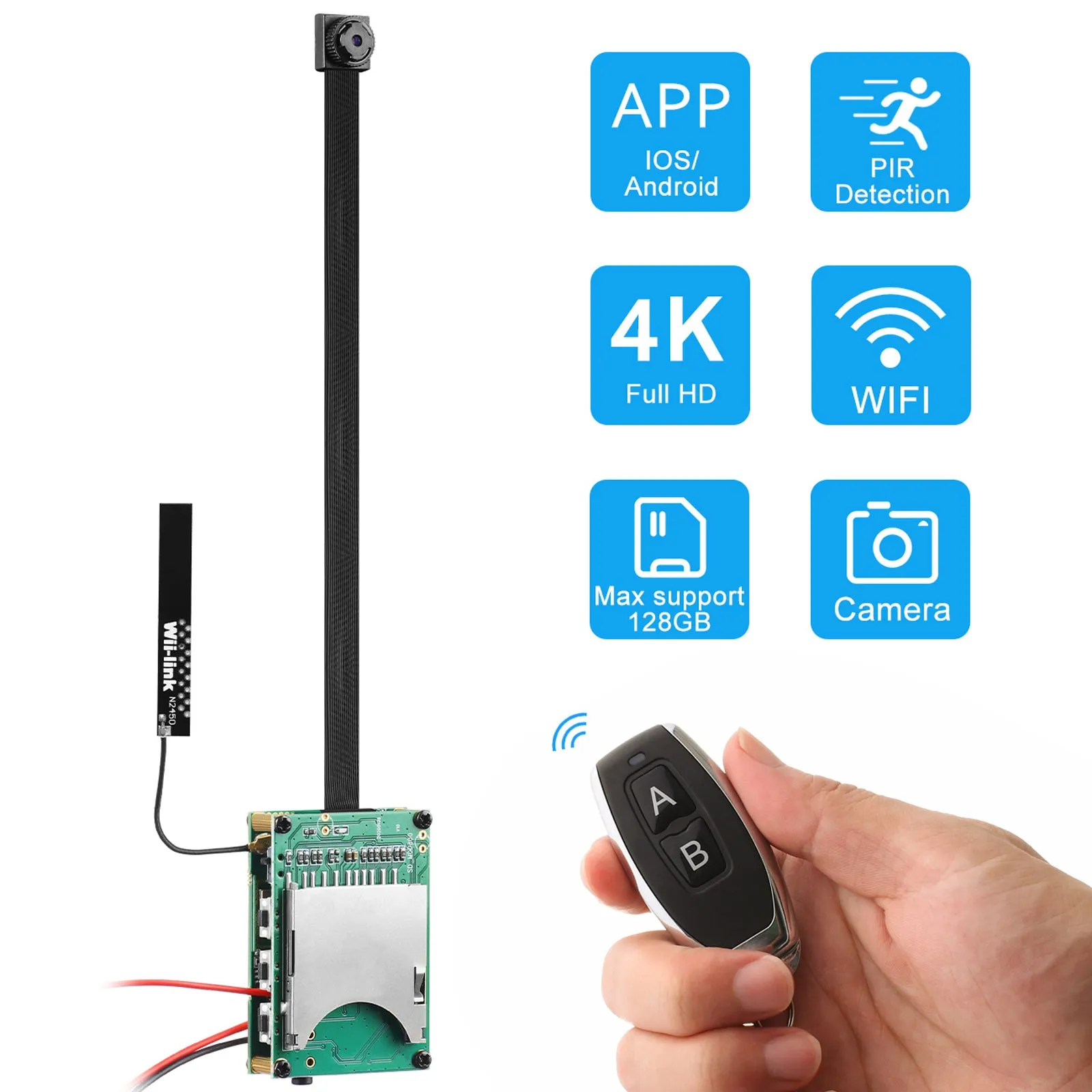 4K UHD Wireless Wi-Fi 8MP Pin Hole Camera Video Recorder Module Remote Control / 5000mA Battery