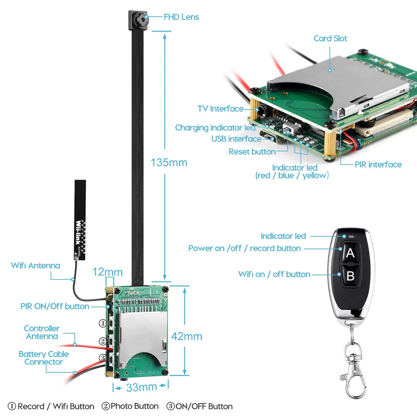 4K UHD Wireless Wi-Fi 8MP Pin Hole Camera Video Recorder Module Remote Control / 5000mA Battery