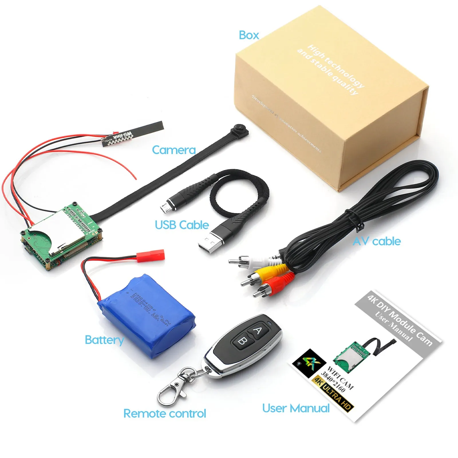 4K UHD Wireless Wi-Fi 8MP Pin Hole Camera Video Recorder Module Remote Control / 5000mA Battery