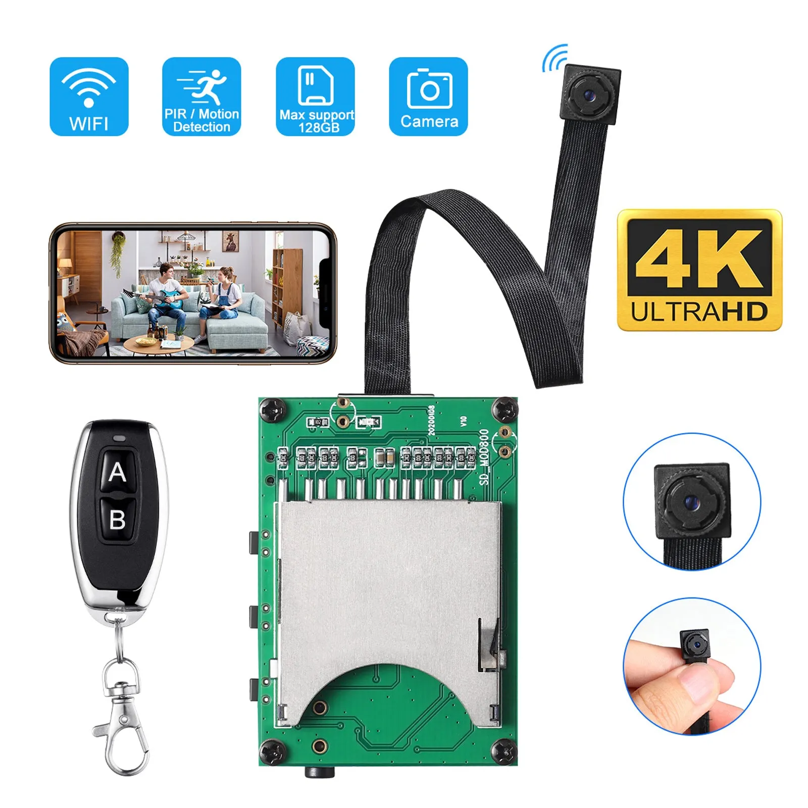 4K UHD Wireless Wi-Fi 8MP Pin Hole Camera Video Recorder Module Remote Control / 5000mA Battery