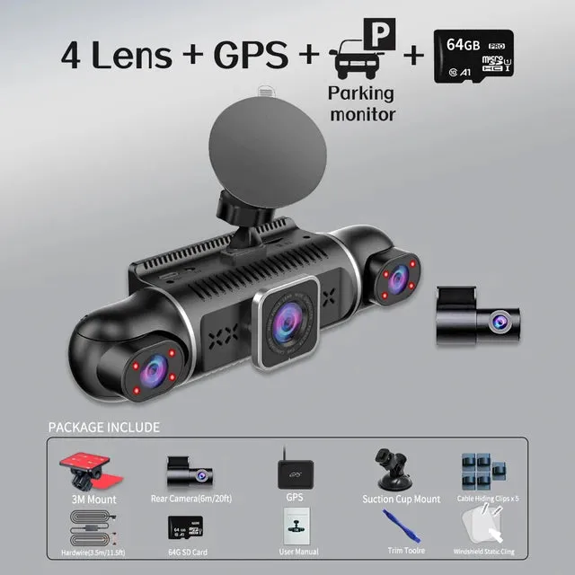 64GB 360 Degrees Car DVR Dash Cam WiFi GPS 24h Parking Monitor 4 Lens*HD 1080P Video Recorder APP Control Hard-wired Tool
