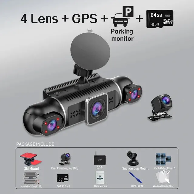 64GB 360 Degrees Car DVR Dash Cam WiFi GPS 24h Parking Monitor 4 Lens*HD 1080P Video Recorder APP Control Hard-wired Tool