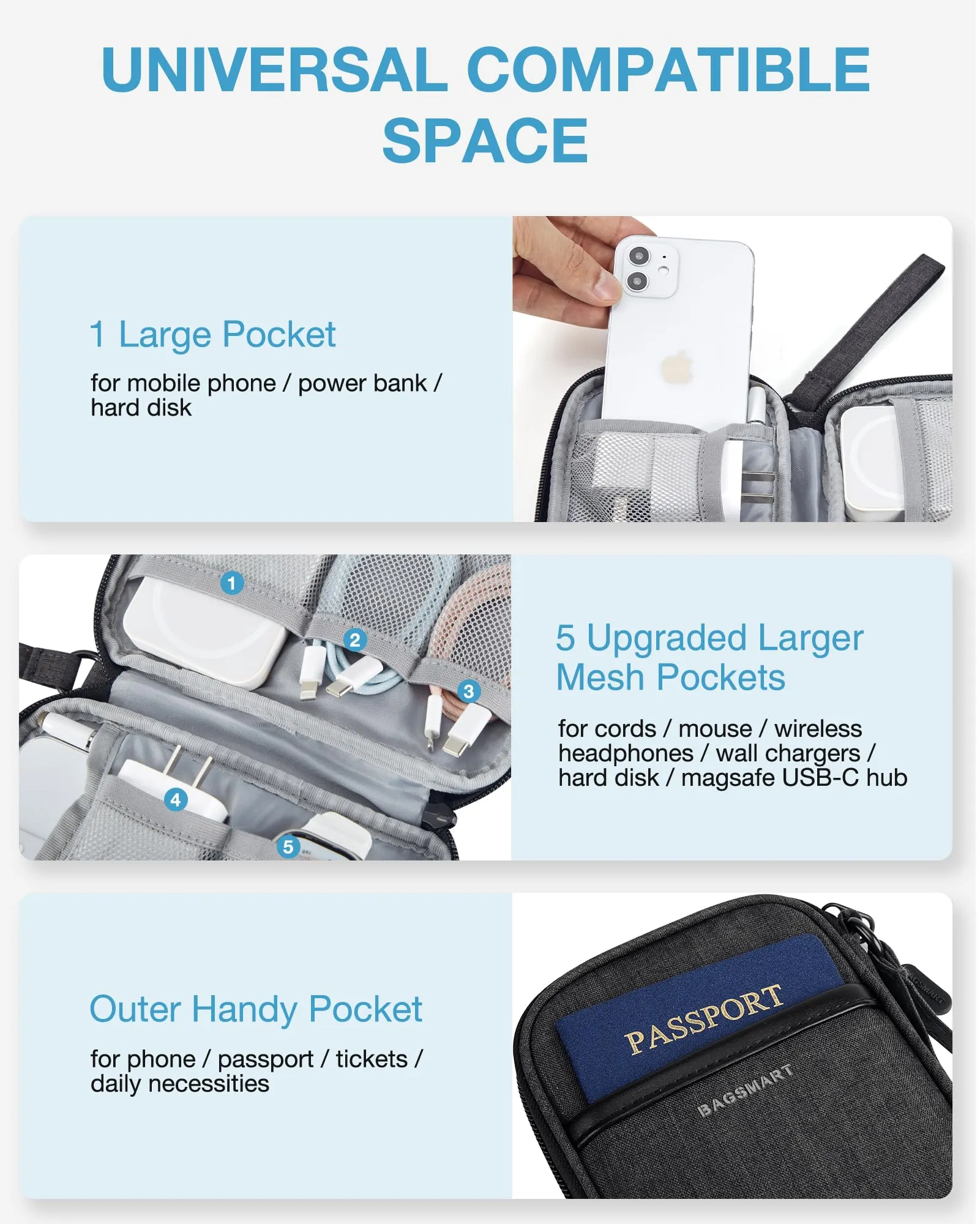 BAGSMART Toiletry Bag for Men, Wide Opening Travel Toiletry Bag with Travel Electronic Organizer Case for Men