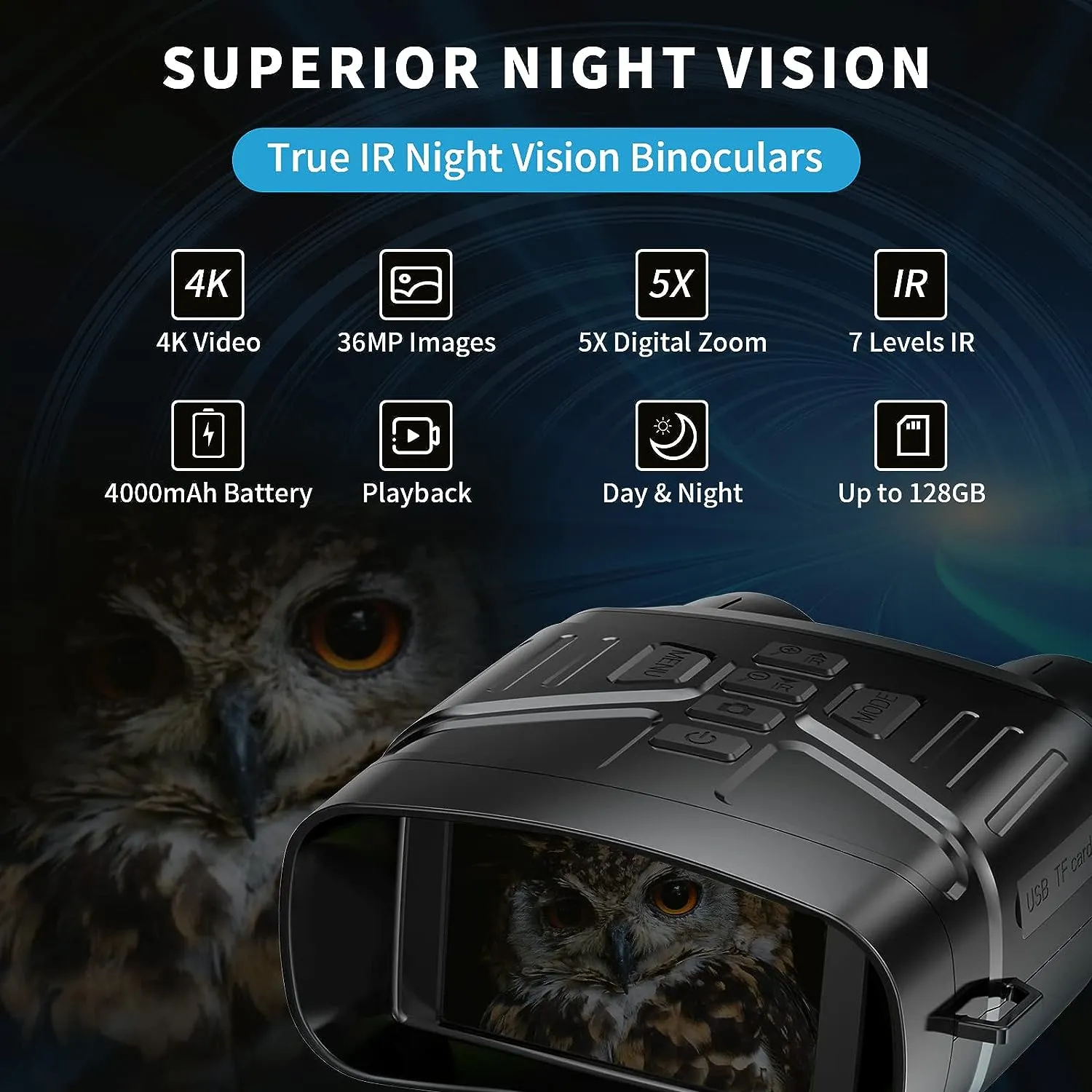 (Black & White) 4K Night Vision Binoculars with Large Screen & Rechargeable Lithium Battery
