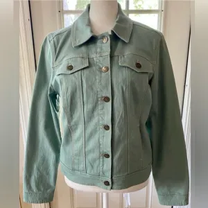 Boden-Stretch sage green denim jacket Has 4 pockets and floral interior.Size 6