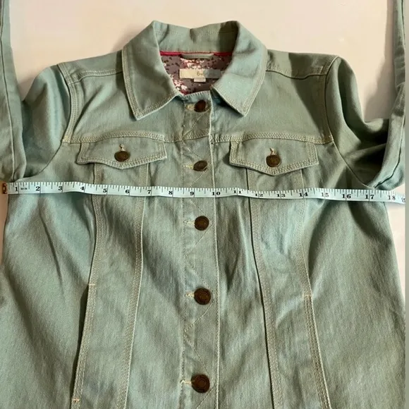 Boden-Stretch sage green denim jacket Has 4 pockets and floral interior.Size 6