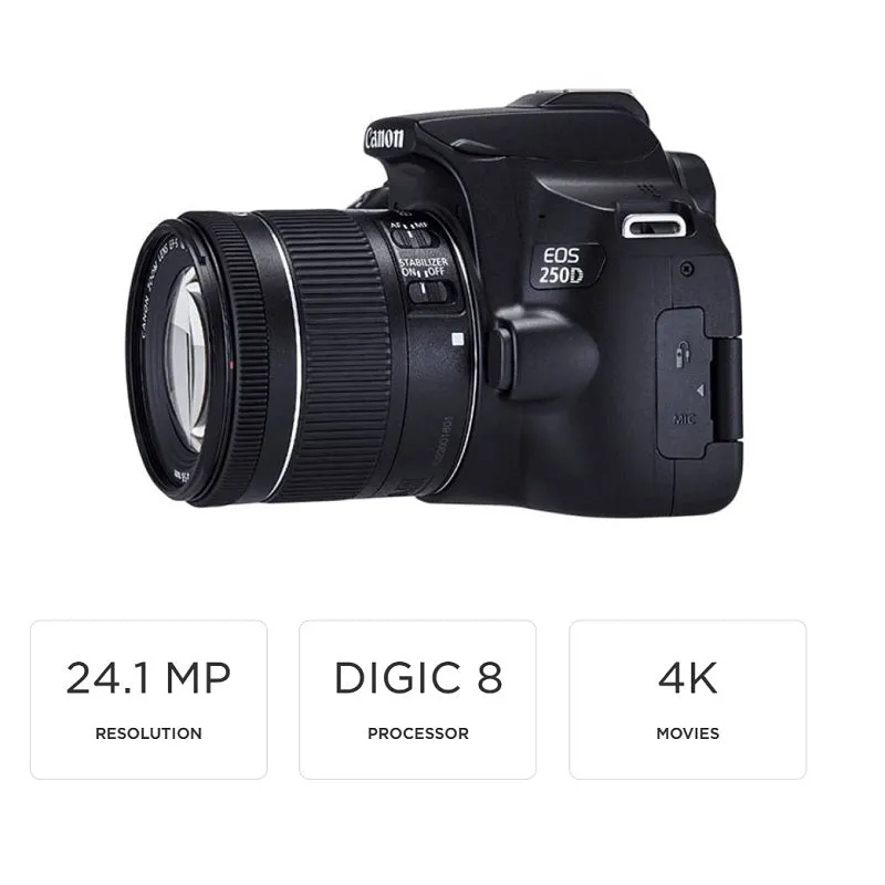 Canon EOS 250D DSLR with movable screen lens 18-55 IS