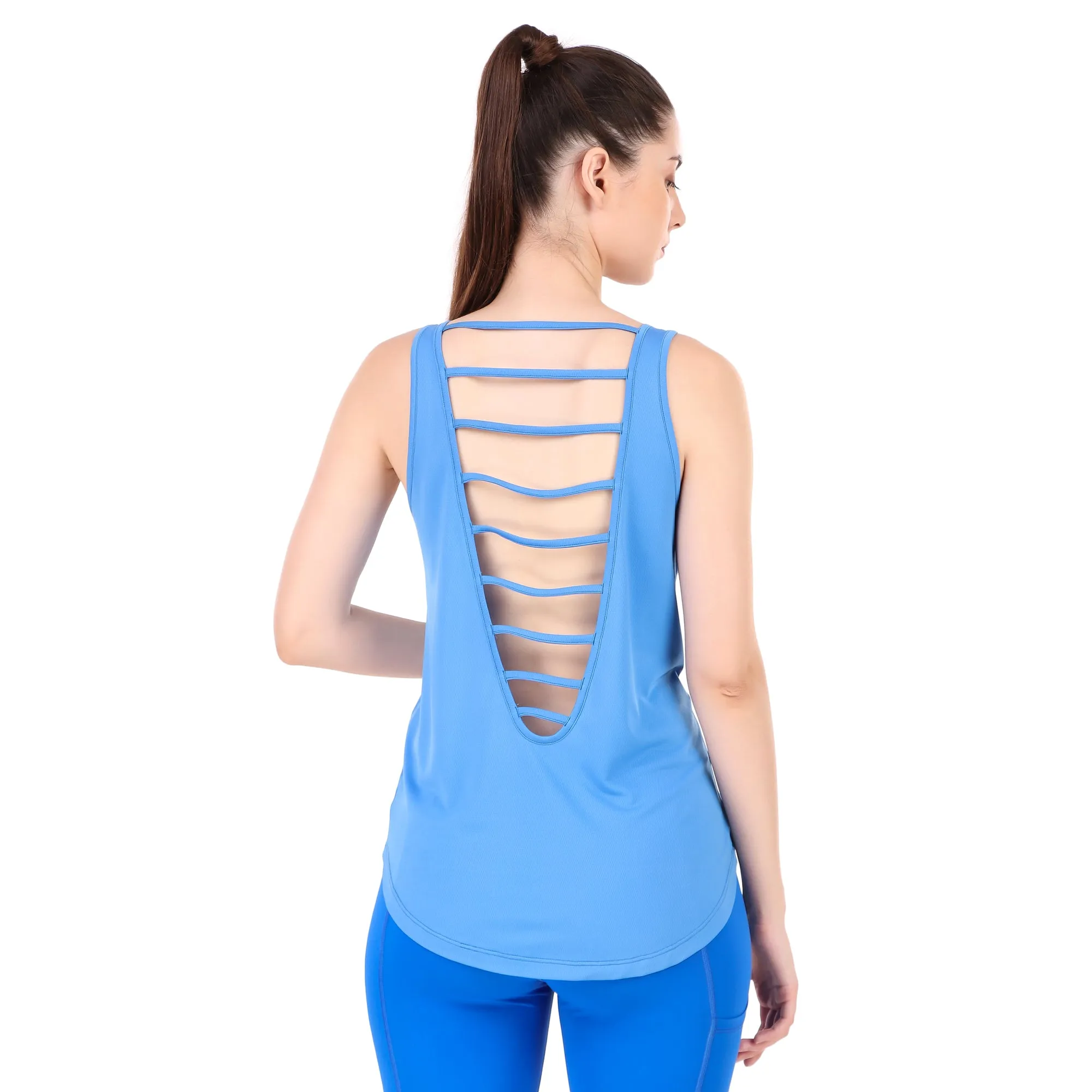 Chic Back Cut Sleeveless Tshirt For Women (Blue)