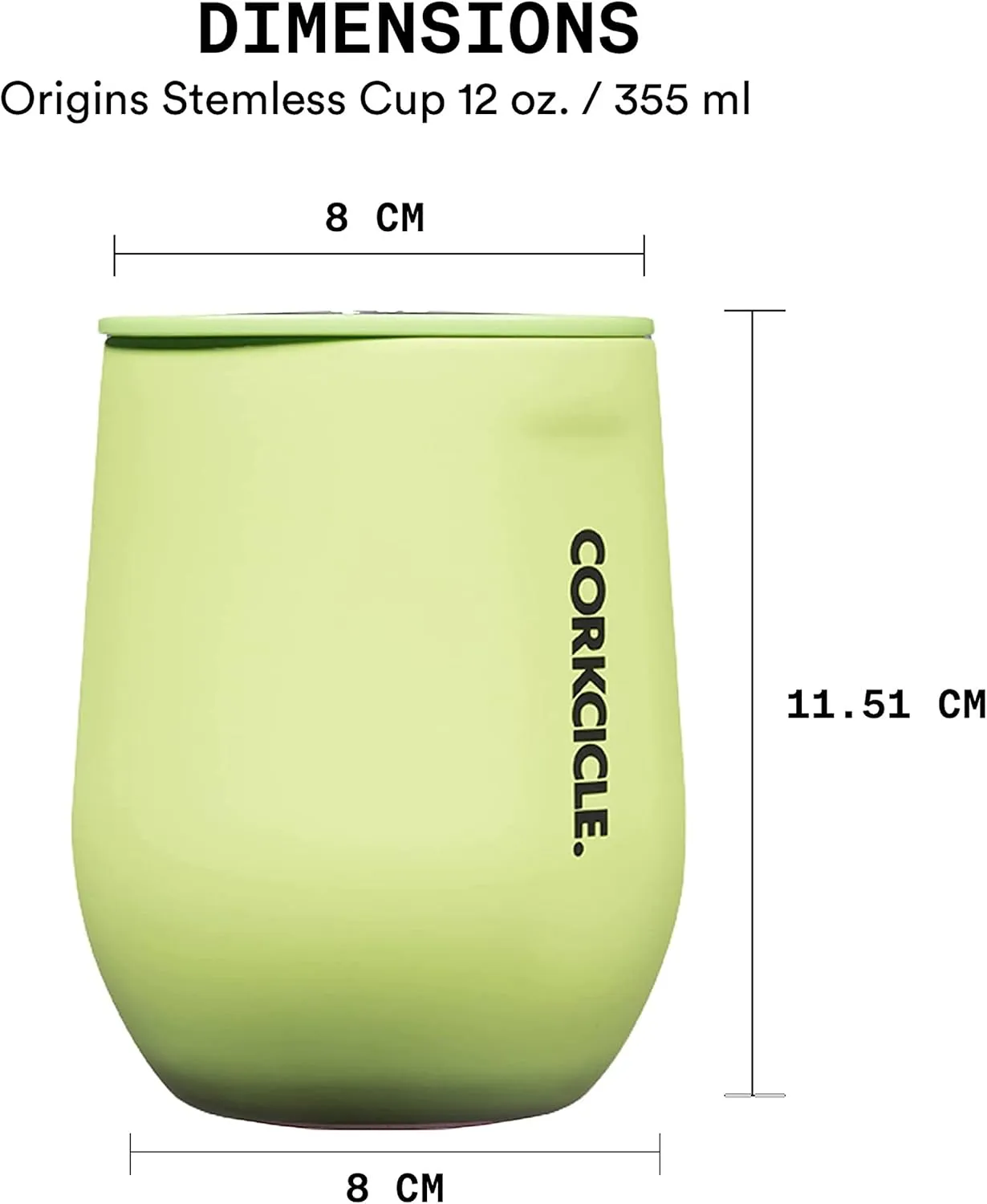 Corkcicle Origins Stemless Cup - Neon Lights Citron, 355ml/12oz- new but is dented, dirty marks on outside, wash before use, no original packaging