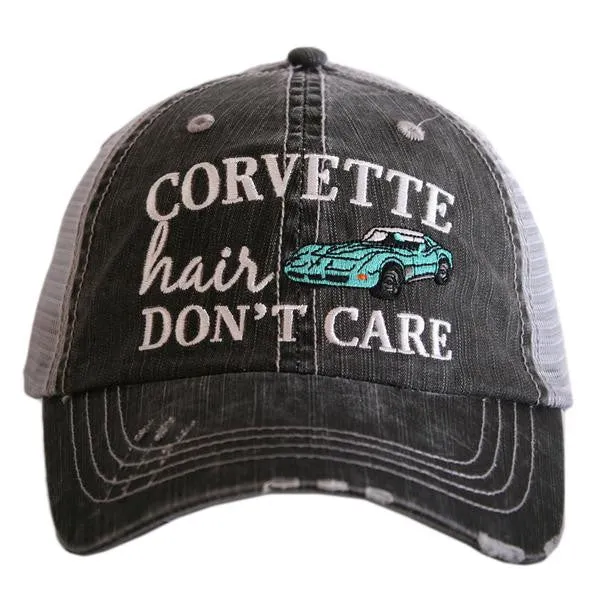 Corvette hats { Corvette hair don't care } Customize • Gray distressed trucker caps • Unisex • Car hat