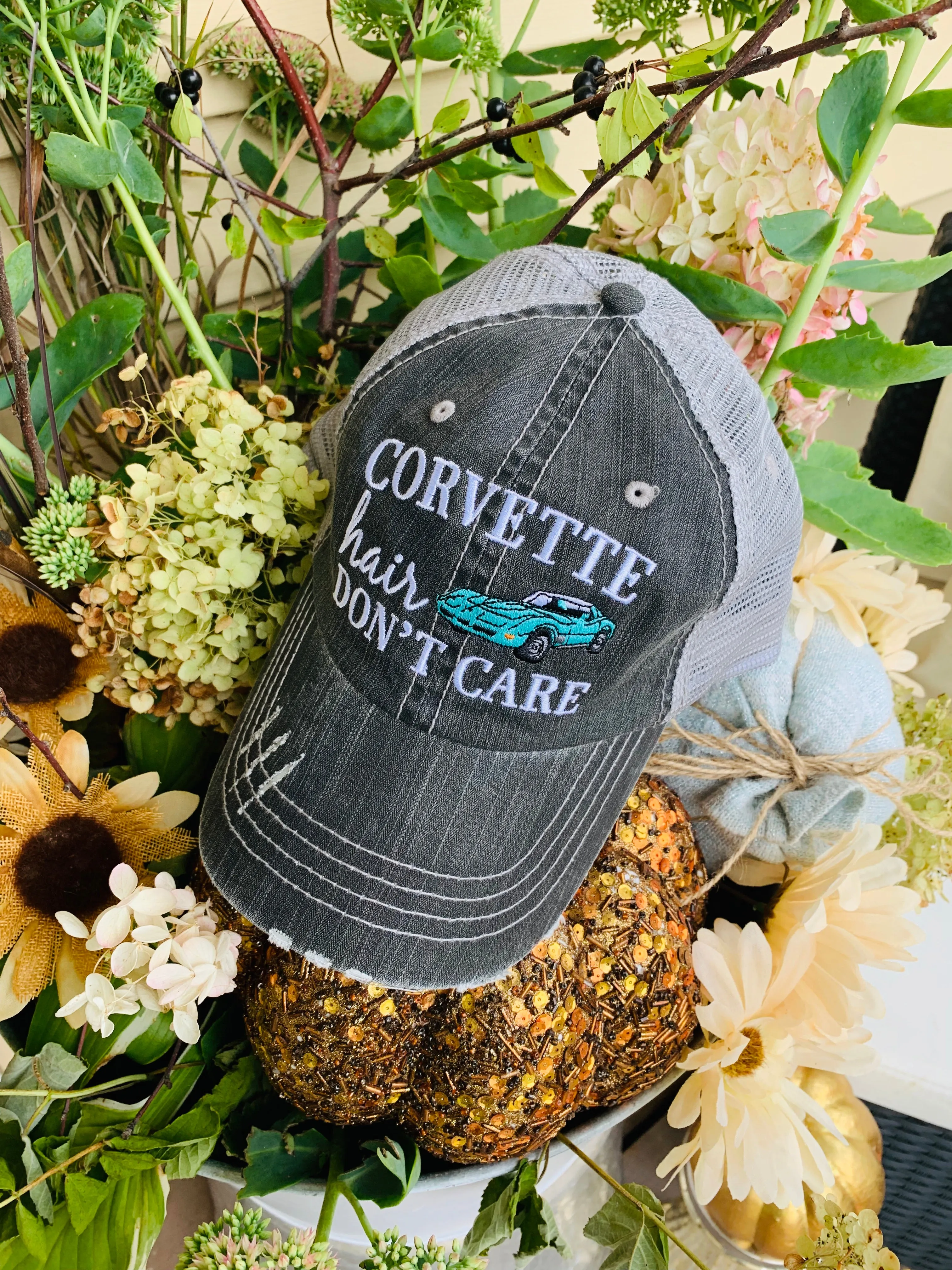 Corvette hats { Corvette hair don't care } Customize • Gray distressed trucker caps • Unisex • Car hat