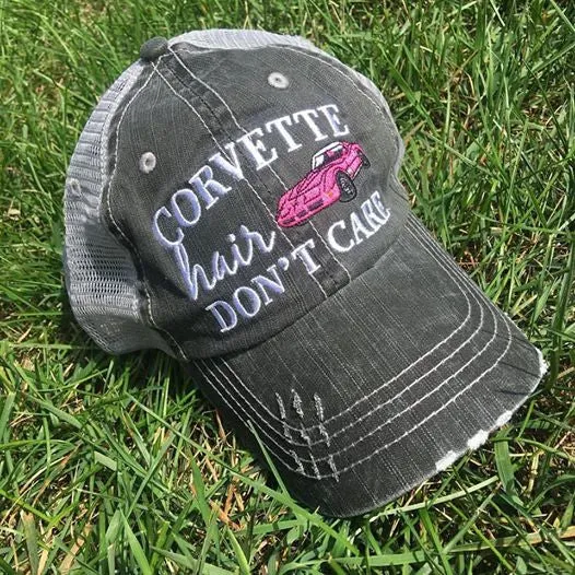 Corvette hats { Corvette hair don't care } Customize • Gray distressed trucker caps • Unisex • Car hat
