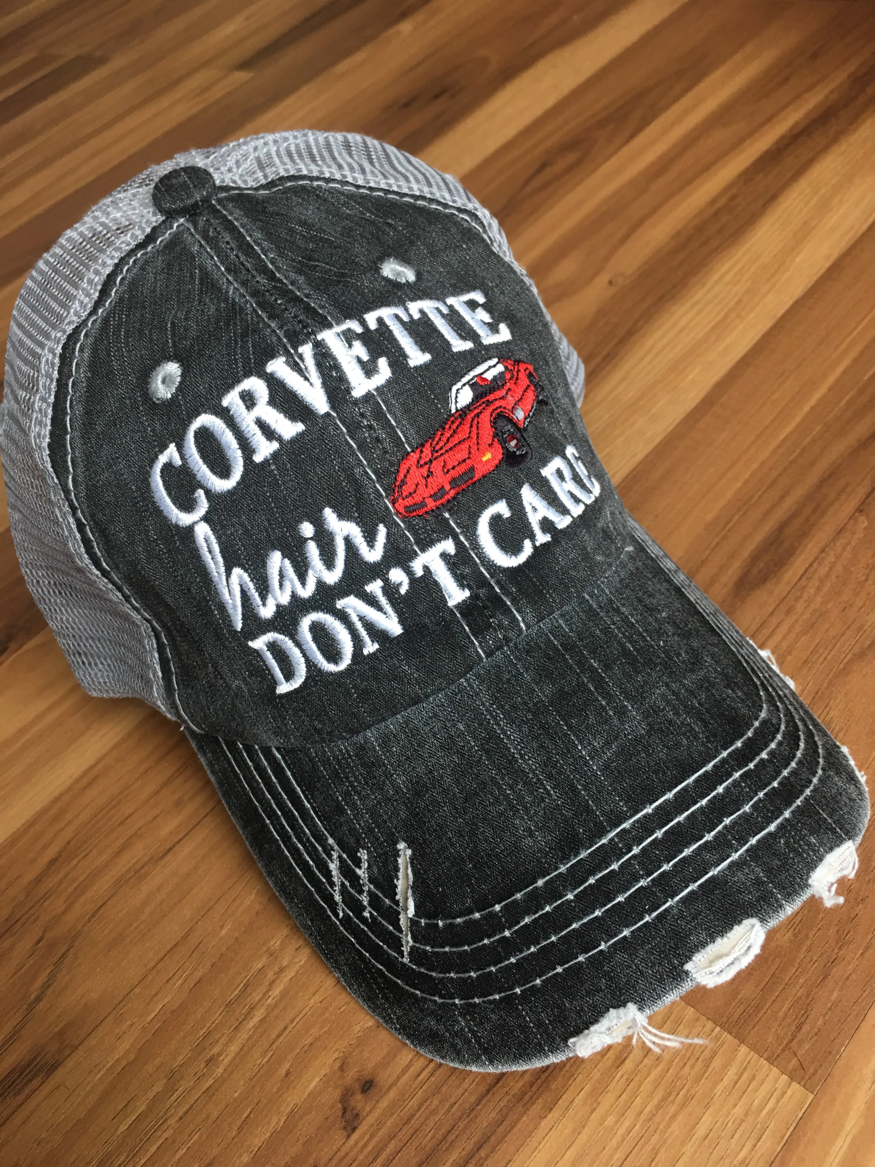 Corvette hats { Corvette hair don't care } Customize • Gray distressed trucker caps • Unisex • Car hat