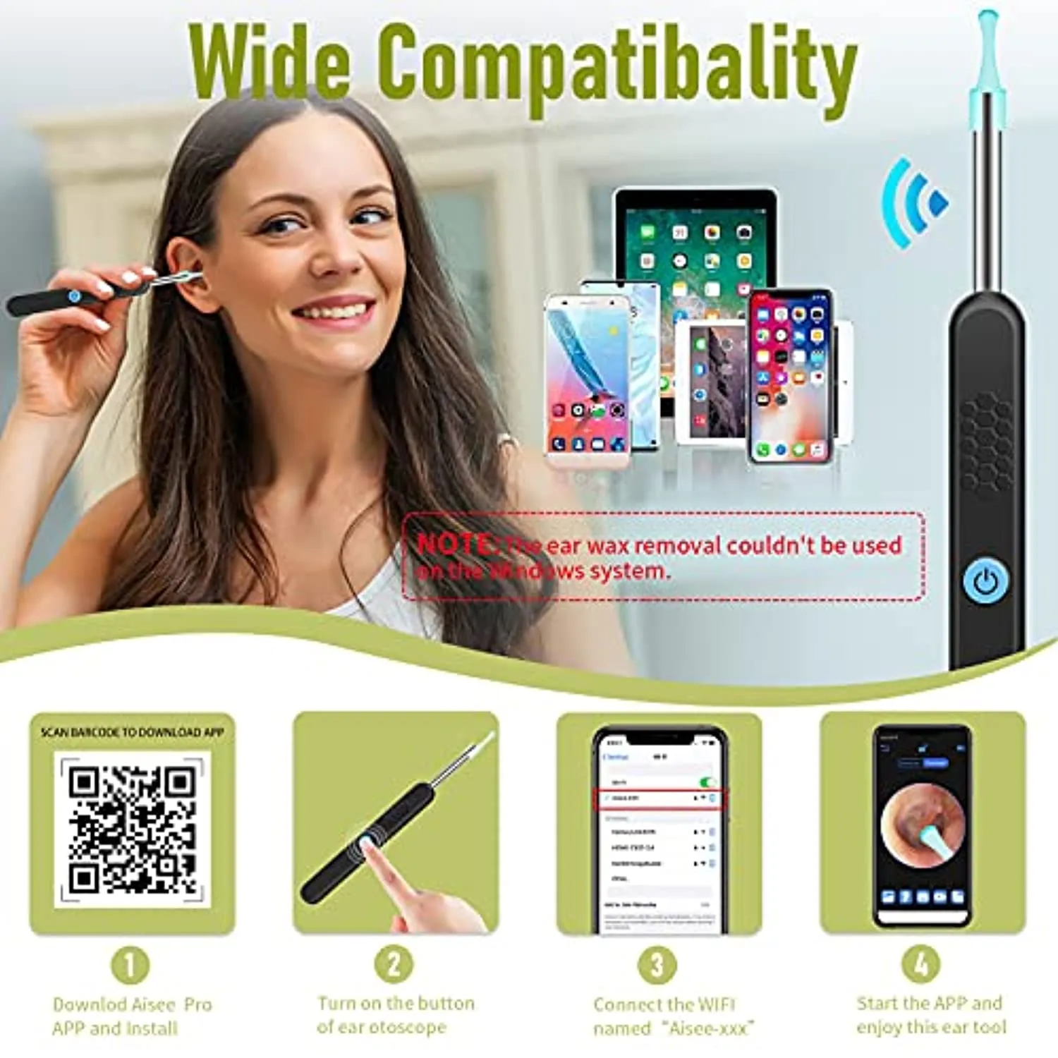 Ear Cleaning Ear Wax Removal Camera Tool, Ear Cleaning kit Smart Visual Ear Cleaner, 1296P Wireless Ear Otoscope, Ear Scope with Ear Wax Cleaner Tool for Babies Kids Adults Pets