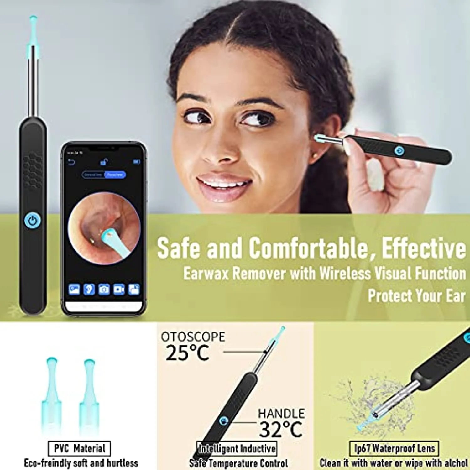 Ear Cleaning Ear Wax Removal Camera Tool, Ear Cleaning kit Smart Visual Ear Cleaner, 1296P Wireless Ear Otoscope, Ear Scope with Ear Wax Cleaner Tool for Babies Kids Adults Pets