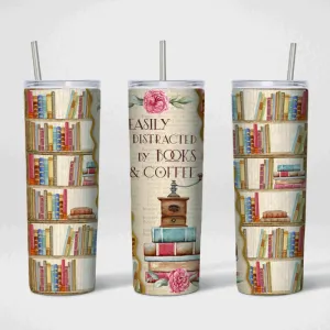 Easily Distracted By Books & Coffee 20oz Tumbler, Insulated Travel Cup