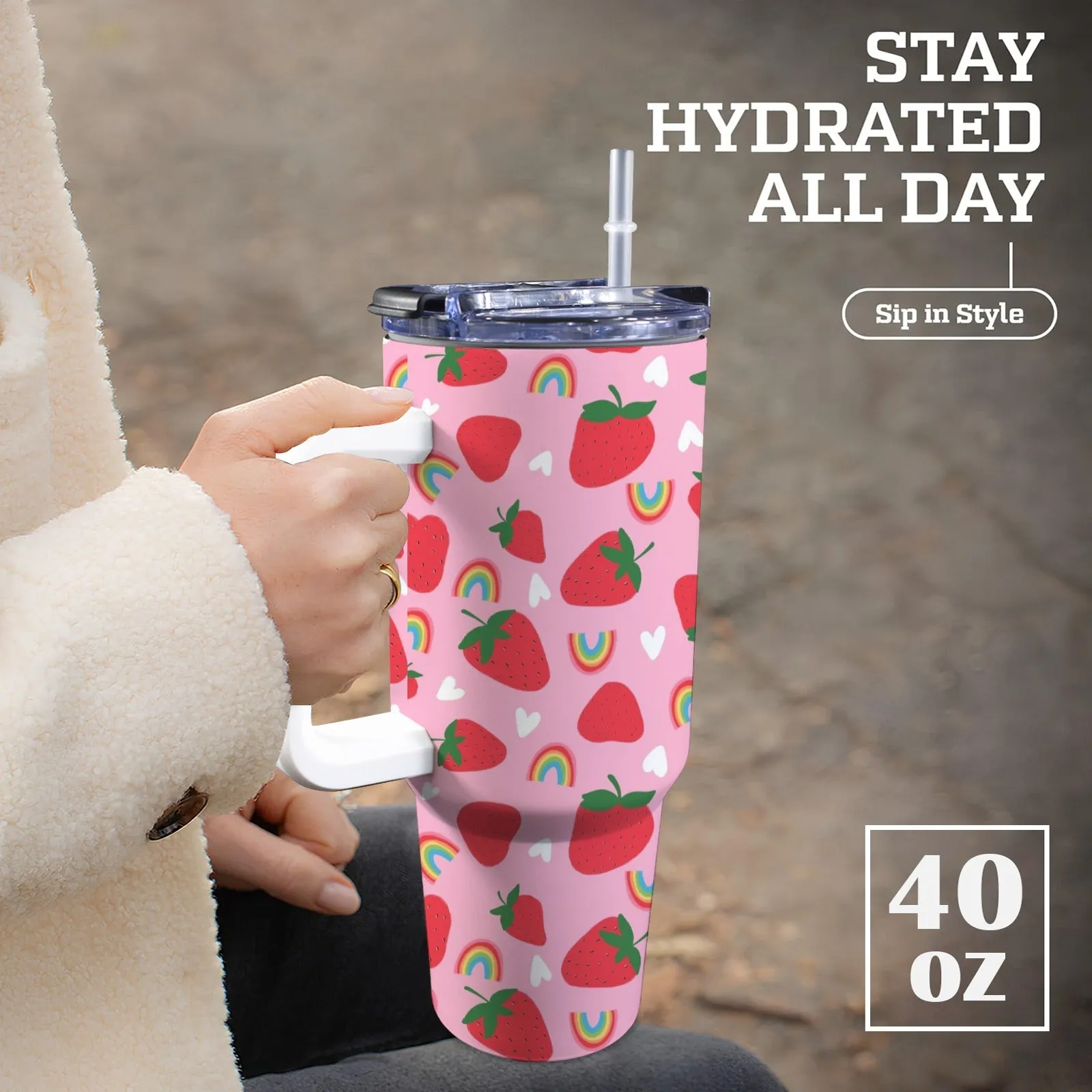 Extra Large Stainless Steel Insulated Travel Flask with Straw and Handle - Fun Patterns, Bold Colours