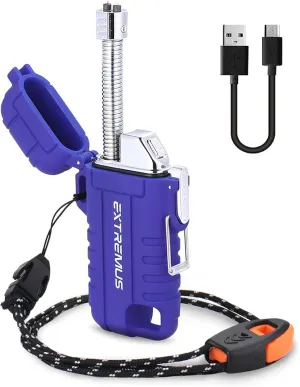 Extremus Blaze 360 Rechargeable Electric Lighters, Dual Arc Lighter, Windproof Plasma Lighter, Waterproof Lighter, Flameless Lighter with Whistle Lanyard for Camping (Blue Flex)