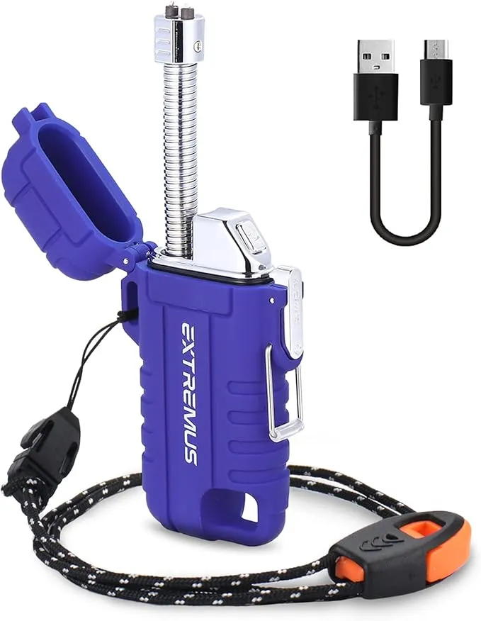 Extremus Blaze 360 Rechargeable Electric Lighters, Dual Arc Lighter, Windproof Plasma Lighter, Waterproof Lighter, Flameless Lighter with Whistle Lanyard for Camping (Blue Flex)