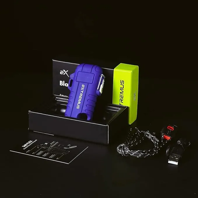 Extremus Blaze 360 Rechargeable Electric Lighters, Dual Arc Lighter, Windproof Plasma Lighter, Waterproof Lighter, Flameless Lighter with Whistle Lanyard for Camping (Blue Flex)