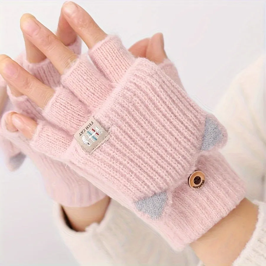 Fleur - Acryl Kattenoren Convertible Vingerloze Handschoenen met Knoopsluiting