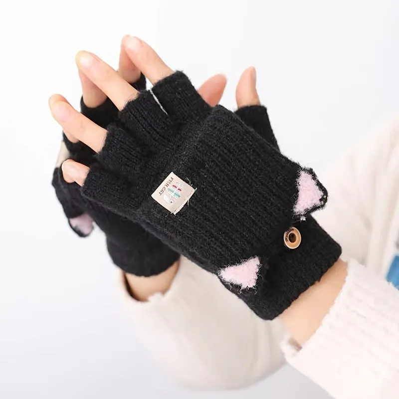 Fleur - Acryl Kattenoren Convertible Vingerloze Handschoenen met Knoopsluiting