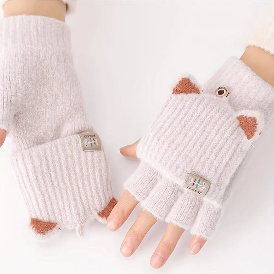Fleur - Acryl Kattenoren Convertible Vingerloze Handschoenen met Knoopsluiting
