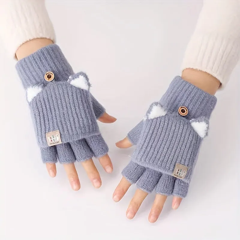 Fleur - Acryl Kattenoren Convertible Vingerloze Handschoenen met Knoopsluiting