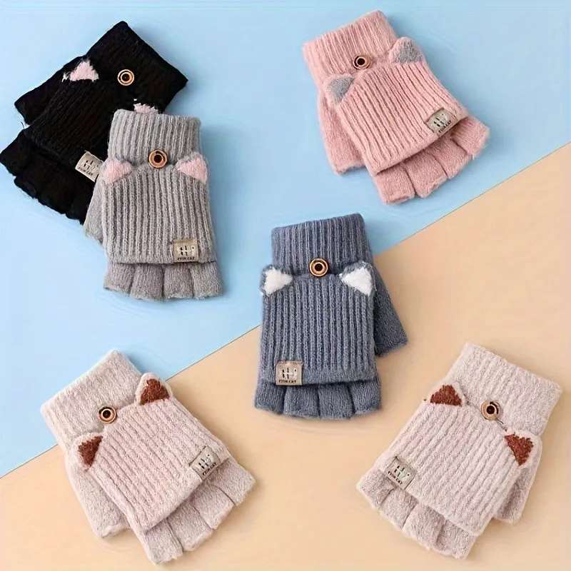Fleur - Acryl Kattenoren Convertible Vingerloze Handschoenen met Knoopsluiting