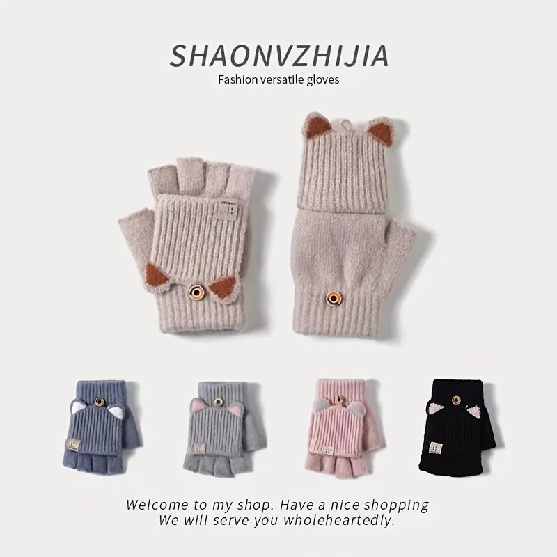 Fleur - Acryl Kattenoren Convertible Vingerloze Handschoenen met Knoopsluiting