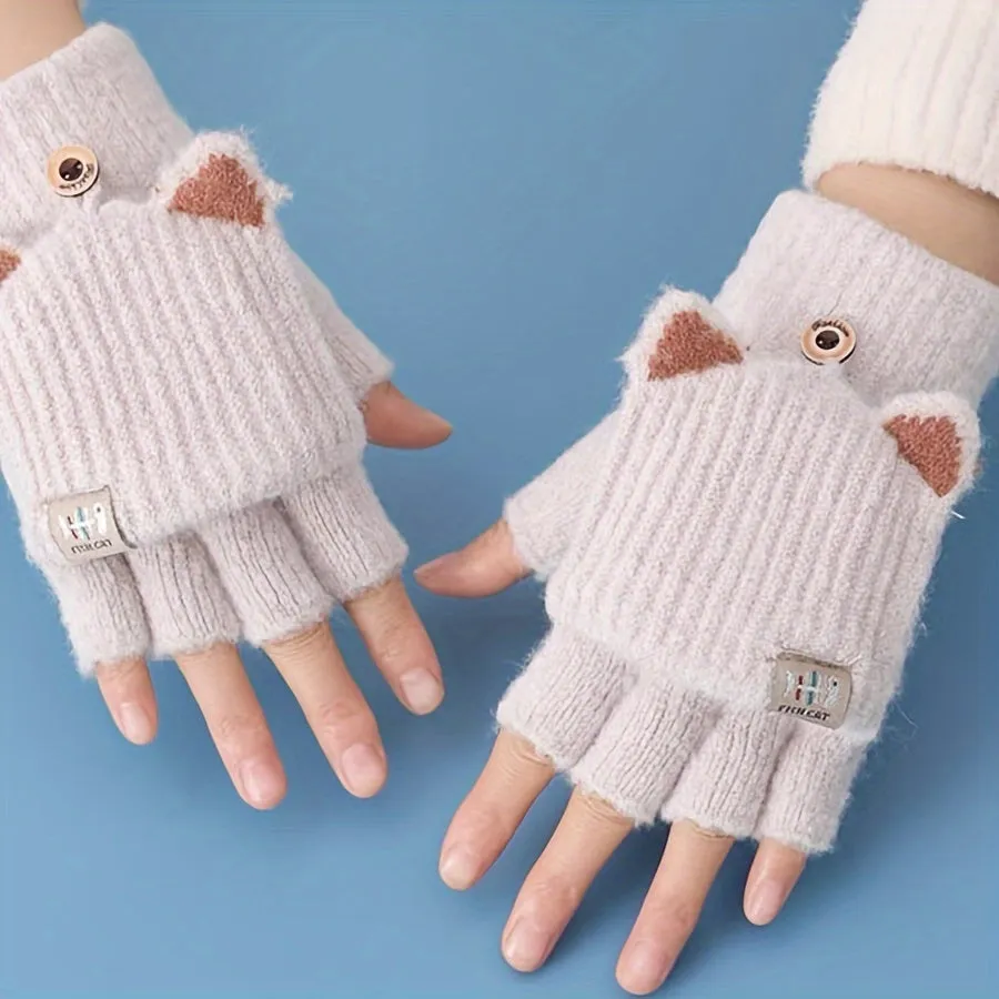 Fleur - Acryl Kattenoren Convertible Vingerloze Handschoenen met Knoopsluiting