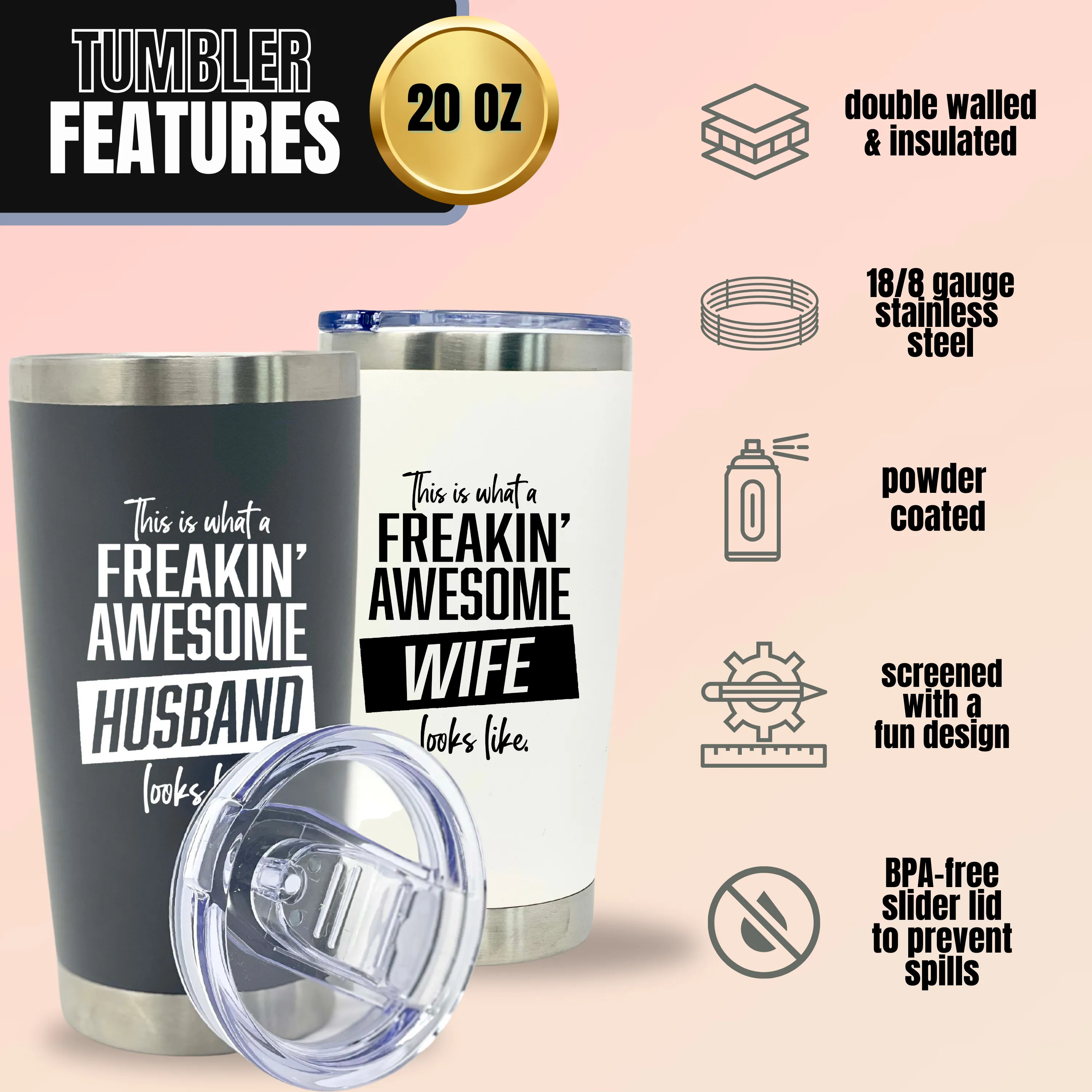 Funny Gift for Husband and Wife - Awesome Wife Cup Husband Tumbler Coffee Mug - Great Travel Cup Gifts for Husbands and Wives, Birthday Presents for Her, Him (Husband and Wife 20 oz Tumbler Gift Set)