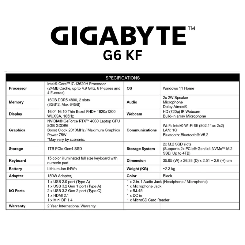GIGABYTE G6 KF 16" FHD  165hz/ i7-13620H/ RTX 4060/ 1 TB SSD/ 16GB DDR5 4800