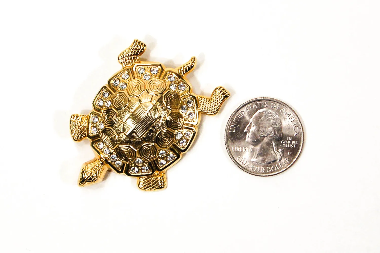 Gold Tone Turtle Brooch with Rhinestones