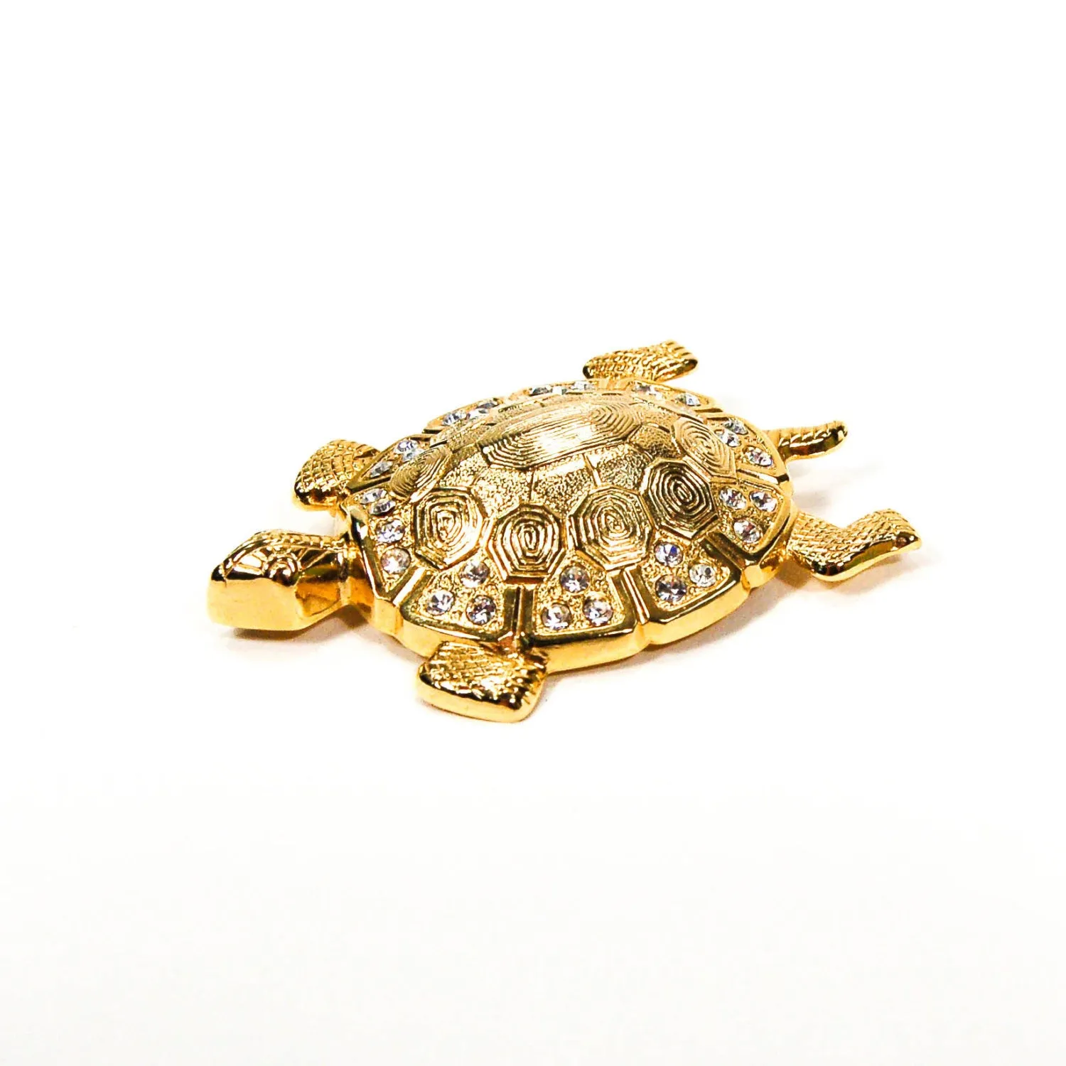 Gold Tone Turtle Brooch with Rhinestones