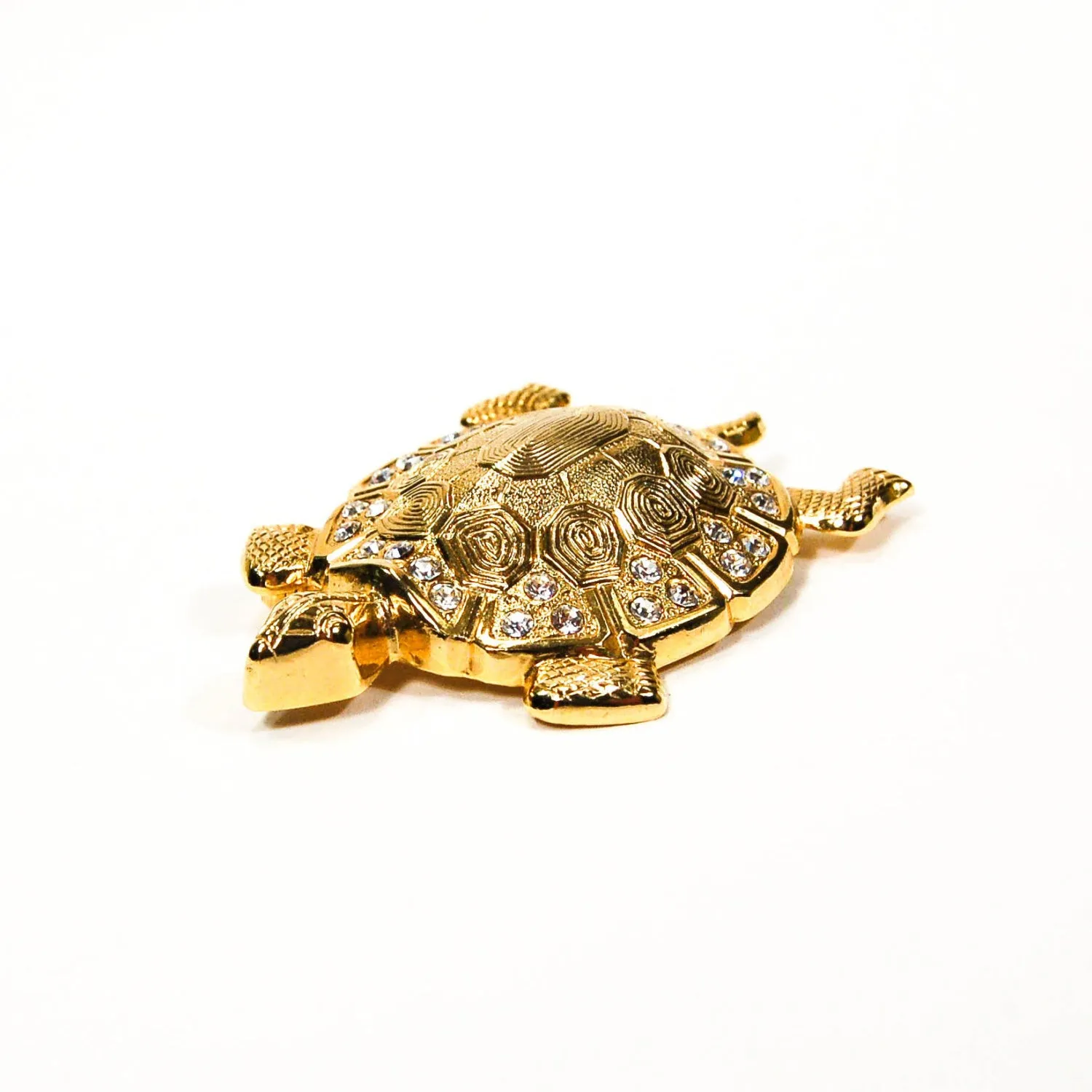 Gold Tone Turtle Brooch with Rhinestones