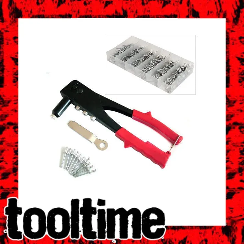 HEAVY DUTY HAND POP RIVETER TOOL   395 ASSORTED RIVETS - 4 NOZZLE HEAD RIVET GUN