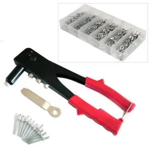 HEAVY DUTY HAND POP RIVETER TOOL   395 ASSORTED RIVETS - 4 NOZZLE HEAD RIVET GUN