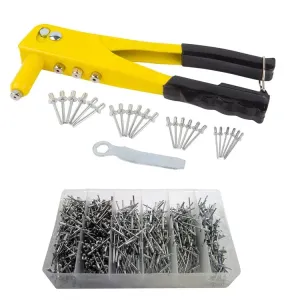 Heavy Duty Hand Rivet Gun 4 Head Nozzle Riveter Plus 1000 Assorted Pop Rivets