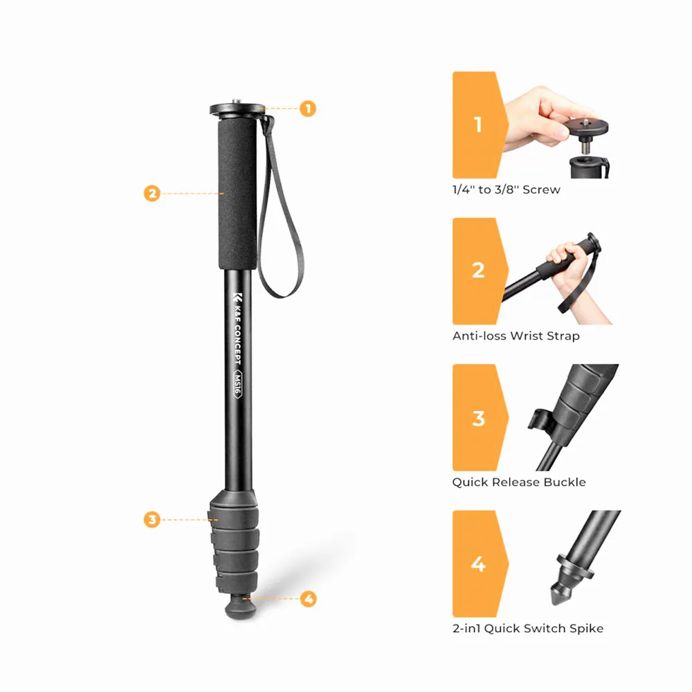 K&F Concept KF09.138 Camera Monopod 5-Section Height Aluminum Monopod with Metal and Rubber MS16
