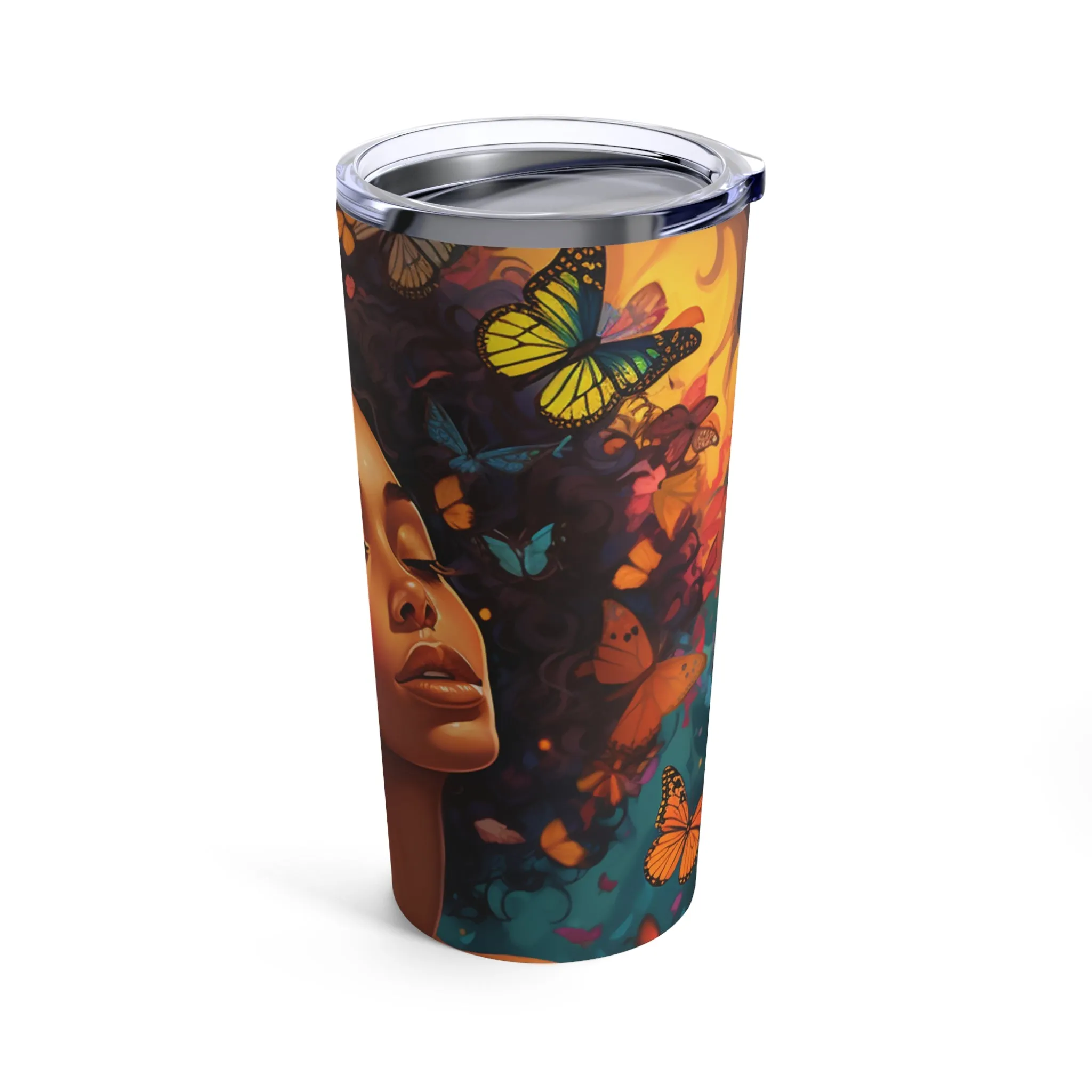 Lustrous Libations: The Beautiful Butterfly Woman Tumbler