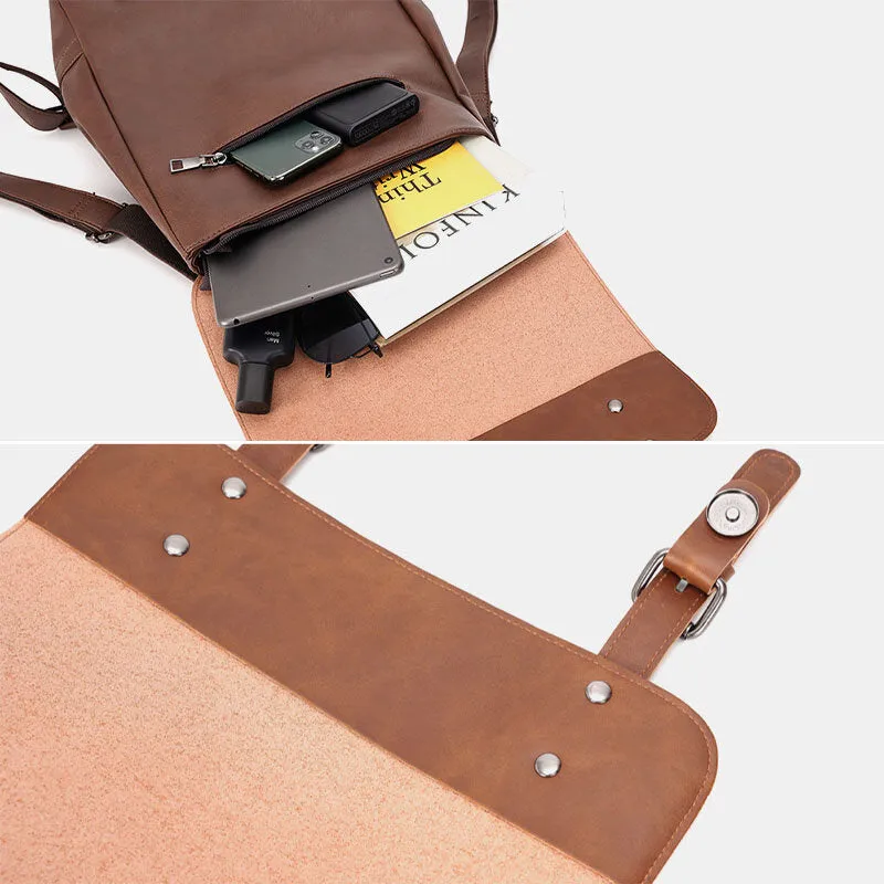 Men PU Leather Multifunction Waterproof Flap-Over Backpack Casual Travel 14 Inch Laptop Bag Student School Bag