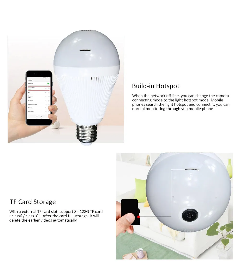 Mini Hidden Security IP Camera 360° Panoramic 1080P Wifi Wireless Light Bulb