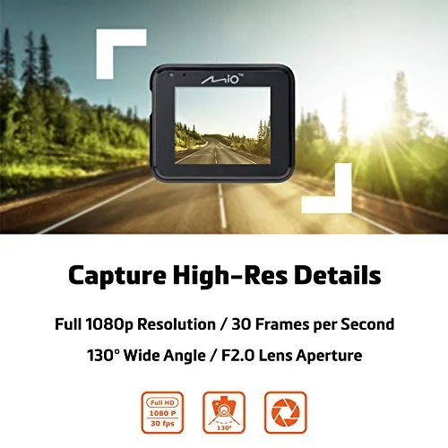 Mio MiVue C320 Mounted Mini Car Security Dash Camera 1080p Full HD Recording, 130° Wide-Angle Lens - Auto Power On Plus G-Sensor for Emergency Backup - Record in Low-Light Conditions