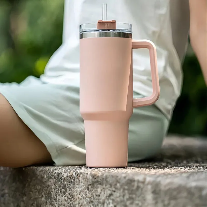 NEW FUNUS 40 oz Tumbler with Handle and Straw Lid | Insulated Reusable Leakproof Stainless Steel Water Bottle Travel Mug for hot & cold liquids - Blush Pink