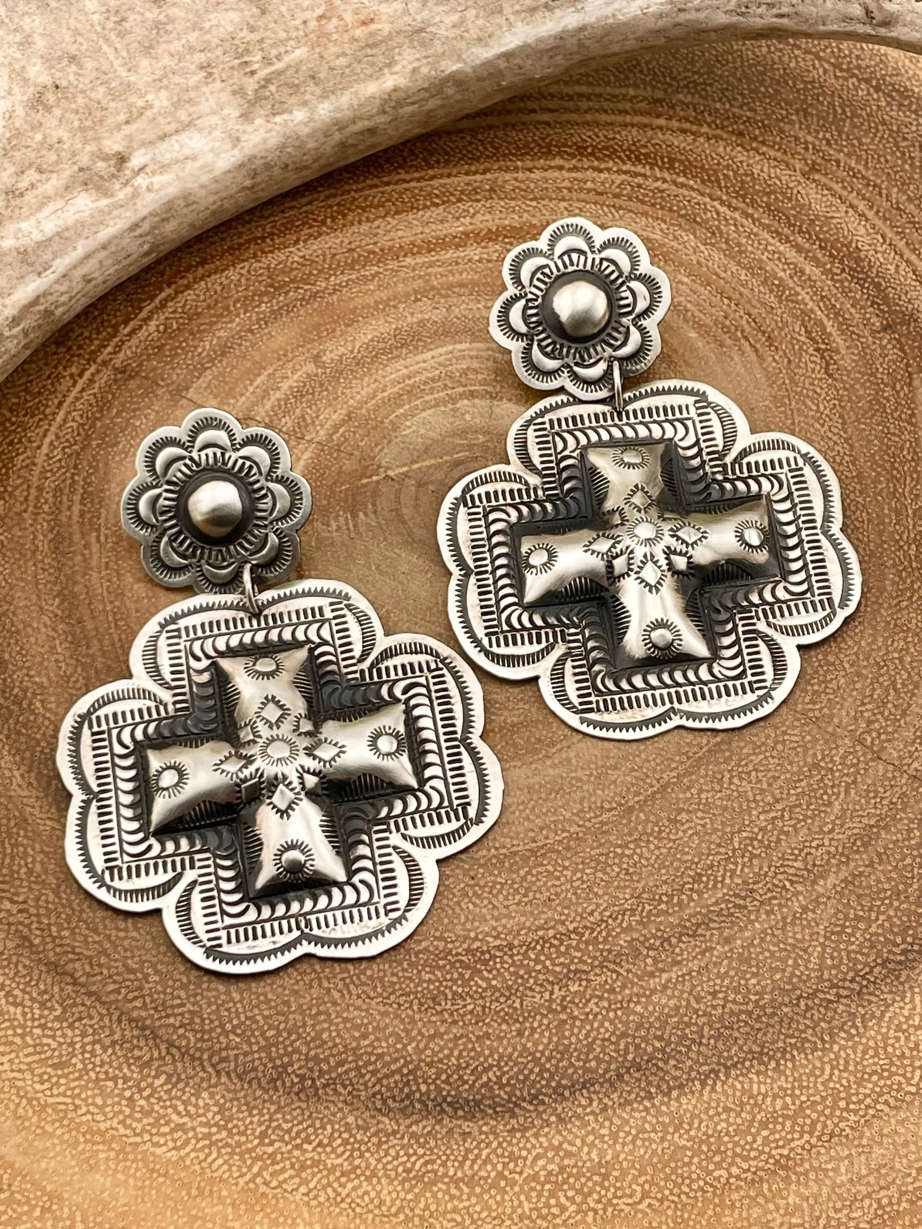 Norfolk Sterling Flower Post Double Concho Earrings